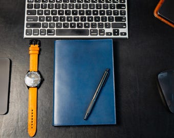 Refillable A5 Leather Journal Cover: Milwaukee Navy Leather, Personalized
