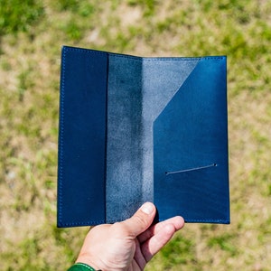 May include: A dark blue leather passport holder with a single pocket on the inside. The holder is open and held in a hand.
