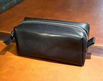 Leather Dopp Kit, Men's Black Leather Travel Kit, Toiletry Bag, Horween Leather Travel Case