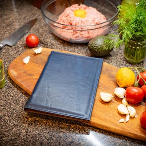 Funda de cuero azul para menú: Libro de menú de restaurante personalizado