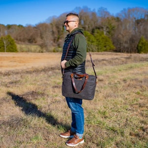 Men Charcoal Briefcase, Messenger Bag, Canvas and Leather Work Bag, Unisex Messenger Bag, Laptop Bag, Computer Bag, Shoulder Bag, Men Gift image 1