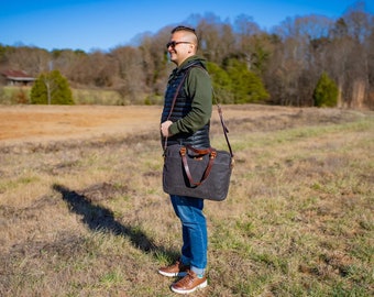 Men Charcoal Briefcase, Messenger Bag, Canvas and Leather Work Bag, Unisex Messenger Bag, Laptop Bag, Computer Bag, Shoulder Bag, Men Gift