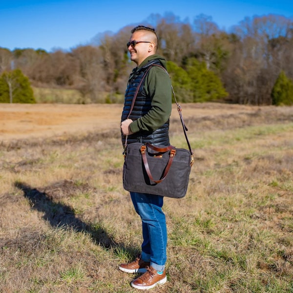 Men Charcoal Briefcase, Messenger Bag, Canvas and Leather Work Bag, Unisex Messenger Bag, Laptop Bag, Computer Bag, Shoulder Bag, Men Gift