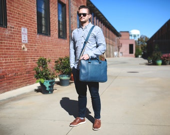 Man's Leather Business Bag / Blue Leather Briefcase / Italian Blue Leather Laptop Bag / Genuine Leather Computer Bag for Man