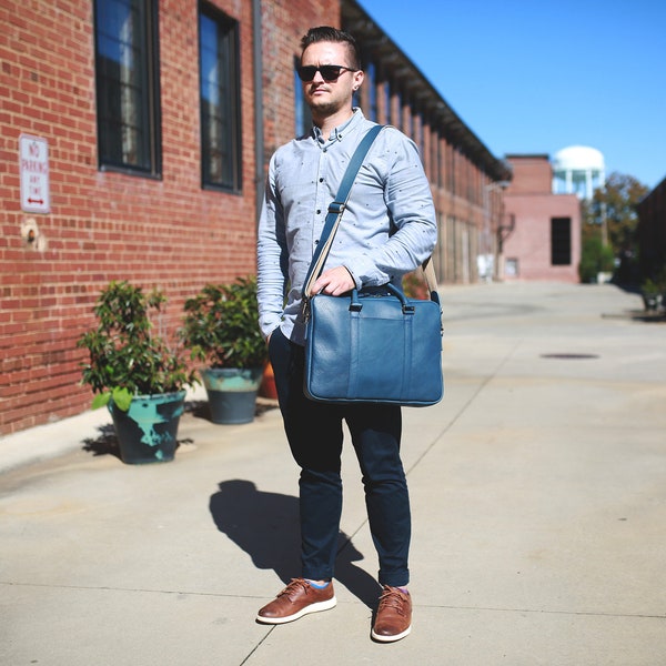 Man's Leather Business Bag / Blue Leather Briefcase / Italian Blue Leather Laptop Bag / Genuine Leather Computer Bag for Man