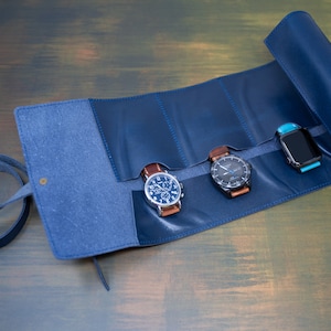 Travel Watch Roll Personalized, Protective Leather Watch Case, Custom Watch Organizer, Navy Leather Watch Pouch