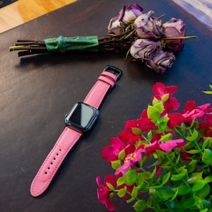 Roze leren horlogeband, gepersonaliseerde horlogeband, leren horlogeband, Apple Watch 38 mm, 40 mm, 42 mm, 44 mm band, ultra horlogeband