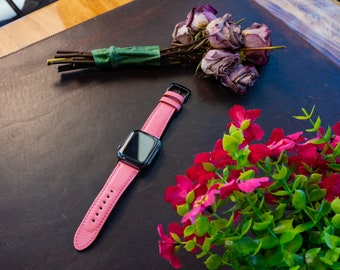 Pink Leather Watch Strap, Personalized Watch Band, Leather Watch Band, Apple Watch 38mm, 40mm, 42mm, 44 mm Band, Ultra Watch Band