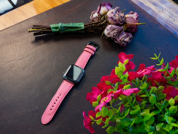 Pink Leather Watch Strap, Personalized Watch Band, Leather Watch Band, Apple Watch 38mm, 40mm, 42mm, 44 mm Band, Ultra Watch Band