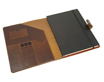 Chestnut Leather Padfolio for Moleskine XLarge Classic Journal / Refillable Art Sketchbook Case / Leather Journal with Pockets and Pen Loop