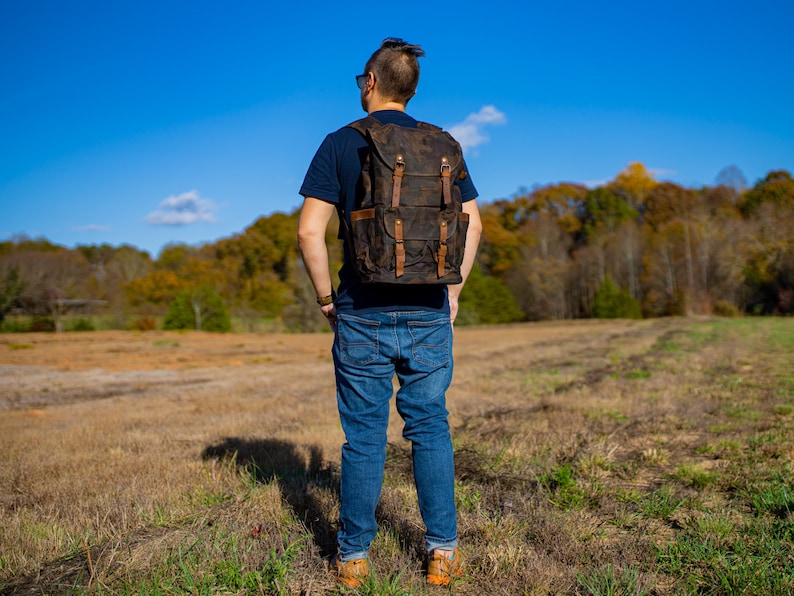 Travel Backpack, Crazy Horse Leather and Canvas Backpack, Personalized Christmas Gift, Unisex Rucksack, Backpack for Men, Woman Backpack Camouflage