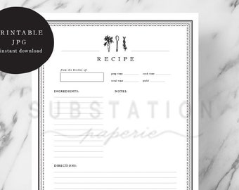 Printable Recipe Page - Instant Download - Modern Recipe Cards - Recipe Sheet - Digital Download Recipe Page - Recipe Keepsake - Recipe Book