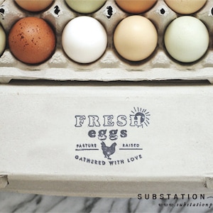 Egg Carton Rubber Stamp - Chicken Stamp - Fresh Eggs Stamp - Egg Carton Labels - Backyard Chickens - Egg Stamp - Egg Packaging - RETRO Sun