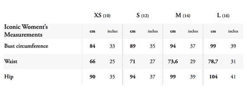 Puede incluir: Tabla de tallas que muestra las medidas de busto, cintura y cadera en cent&iacute;metros y pulgadas para las tallas XS (10), S (12), M (14) y L (16).