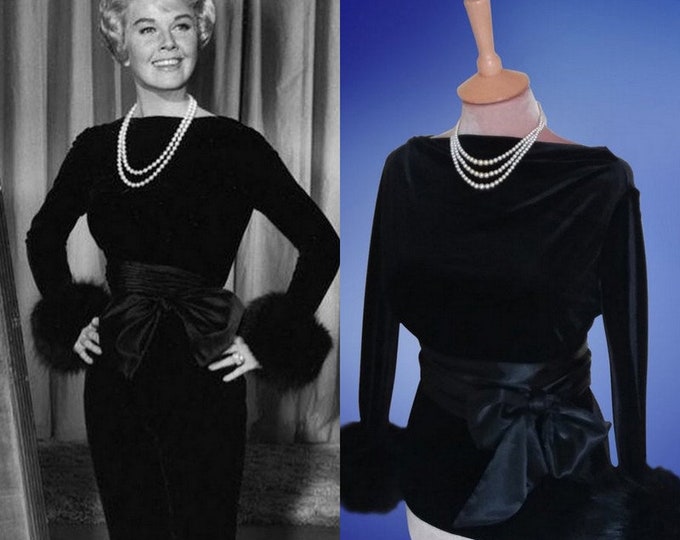 To order... Doris Day black velvet top with faux fur cuffs and a black satin sash belt