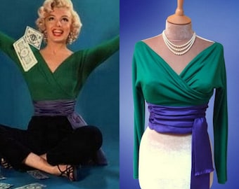 To order...Marilyn Monroe...Gentlemen prefer blondes green top with faux dupion sash belt.