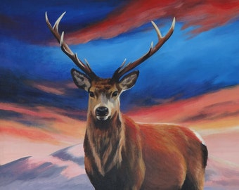 Red Deer Stag Print, (Limited Edition of  100) Scottish wildlife, Deer, Sundown Stag Giclée Print by Janet Carson