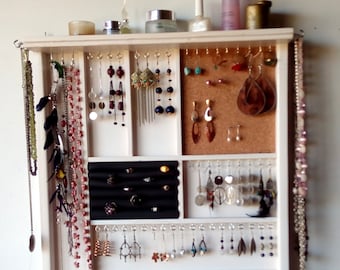 Large White Vertical Jewelry Storage.wooden Wall Mount Case. Jewelry  Display. Jewelry Organizer. Earrings Display. 