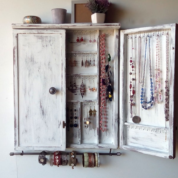 Jewelry cabinet. WHITE distressed jewelry display. Wooden mounted earring organizer. Vintage style jewelry display. Armoire.earrings storage