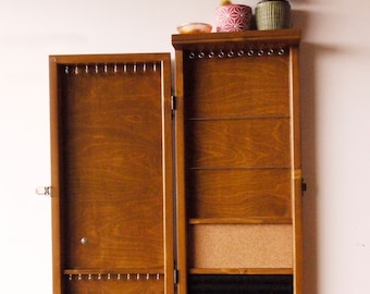 Jewelry cabinet/ Armoire / Earring display/ TEAK stain jewelry storage/Wooden wall mounted earring organizer. earrings storage. jewelry case
