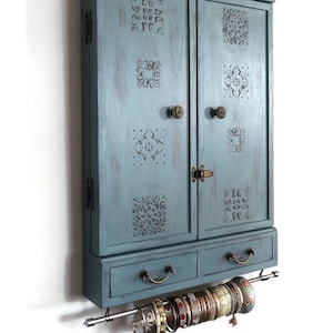 Jewelry cabinet with drawers/earrings cabinet/armoire/wooden display/distressed armoire/jewelry storage/jewelry display/jewelry drawers