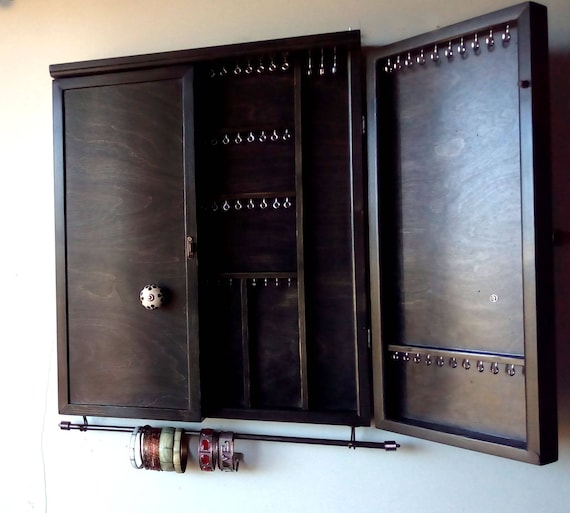 Jewelry Cabinet. Large Earrings Closet With Shelf. Dark WALNUT Wooden Wall  Mounted Earring Organizer. 