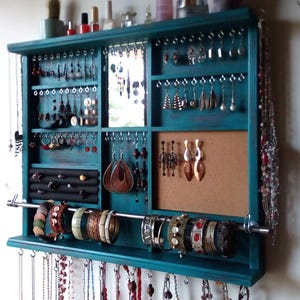 Jewelry display Large earrings storage/TURQUOISE jewelry storage/wall mounted earring holder/ jewelry display/distressed shelf/ring storage