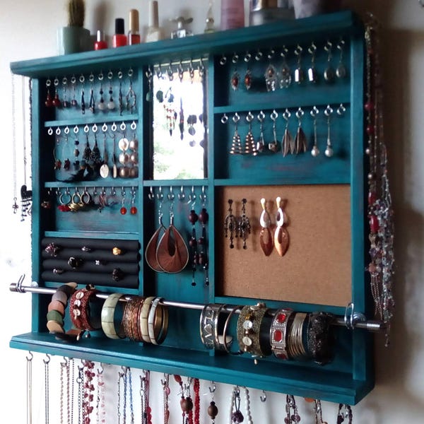 Présentoir à bijoux Rangement de grandes boucles d’oreilles / Stockage de bijoux TURQUOISE / Support de boucle d’oreille mural / Affichage de bijoux / Étagère en détresse / Stockage de bague