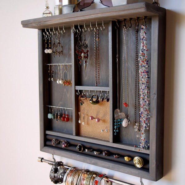 Jewelry organizer. earrings display. necklace holder. gray stain display with shelf. wooden wall mounted jewelry storage. MULTIPLE COLORS.