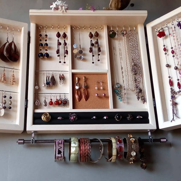 Jewelry cabinet.Vintage WHITE jewelry storage.Wooden wall mounted earring organizer.earrings storage