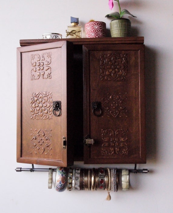 Jewelry Cabinet. Dark WALNUT Jewelry Storage. Wall Mounted Earring  Organizer. Jewelry Armoire 