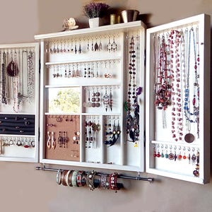 Jewelry cabinet. Large earrings case  jewelry storage. wall mounted earring organizer. earrings storage