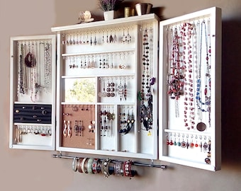 Jewelry cabinet. Large earrings case  jewelry storage. wall mounted earring organizer. earrings storage