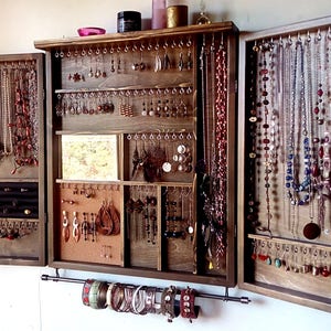 Jewelry cabinet. Large earrings closet with shelf. Dark WALNUT Wooden wall mounted earring organizer.