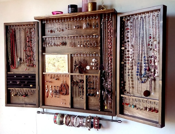 Jewelry Cabinet. Large Earrings Closet With Shelf. Dark WALNUT Wooden Wall  Mounted Earring Organizer. 