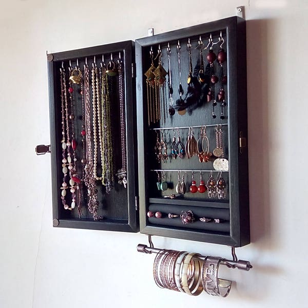 Jewelry cabinet. Armoire . Earring holder. Vintage BLACK closet . jewelry storage.Wooden wall mounted earring organizer. earrings storage.