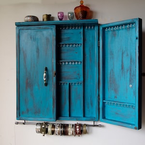 Jewelry cabinet. armoire. TURQUOISE distressed jewelry display. Wooden wall mounted earrings storage