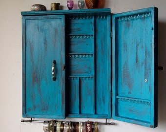 Jewelry cabinet. armoire. TURQUOISE distressed jewelry display. Wooden wall mounted earrings storage