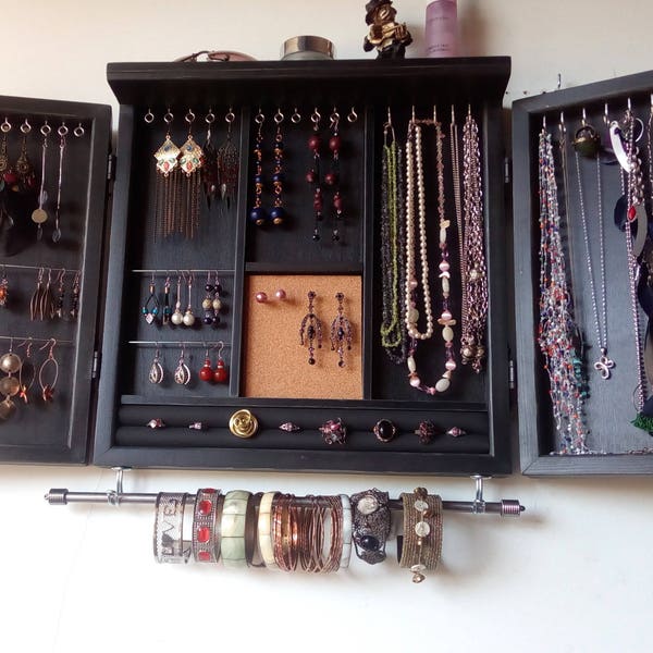 Jewelry cabinet.earrings holder with shelf. Armoire.BLACK jewelry storage.Wooden wall earrings storage.