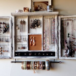Jewelry cabinet. WHITE distressed jewelry case. Wooden wall mounted Jewelry display. Armoire. jewellery organizer. Chalk paint case. image 3
