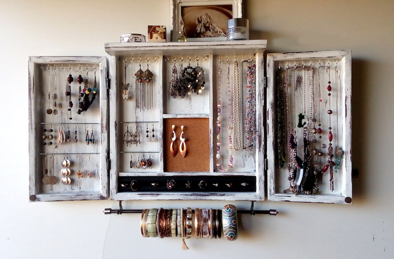 Jewelry cabinet. WHITE distressed jewelry case. Wooden wall mounted Jewelry display. Armoire. jewellery organizer. Chalk paint case. image 3