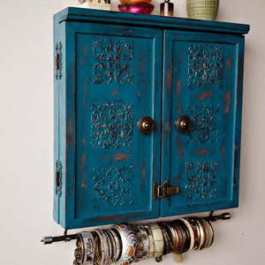 Jewelry cabinet/Armoire/Jewelry organizer/earrings storage/jewelry storage/earrings display/wooden display/wall mounted display/turquoise image 5