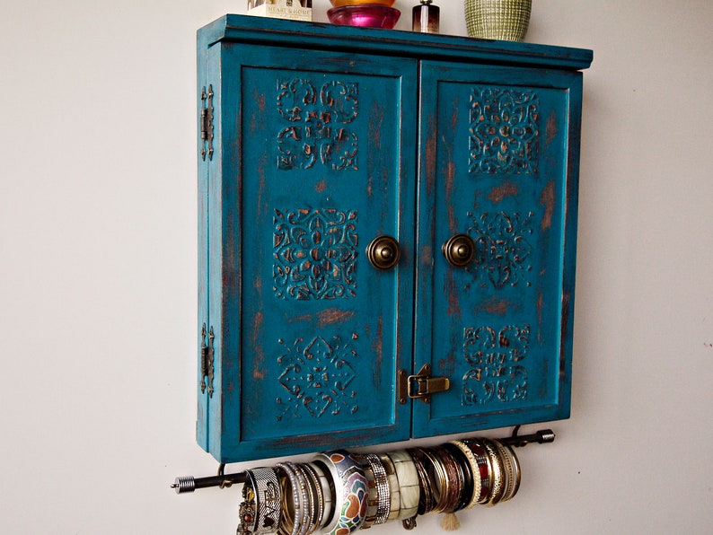 Jewelry cabinet/Armoire/Jewelry organizer/earrings storage/jewelry storage/earrings display/wooden display/wall mounted display/turquoise image 5