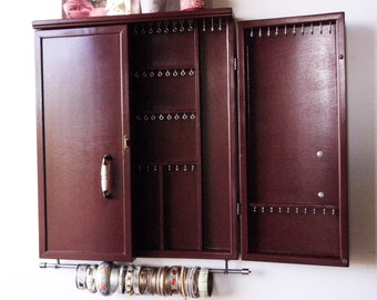 Armoire à bijoux / Grand présentoir de boucles d’oreilles avec étagère / Dark CHERRY RED / Organisateur de boucles d’oreilles mural en bois / Présentoir de bijoux / Rangement de boucles d’oreilles