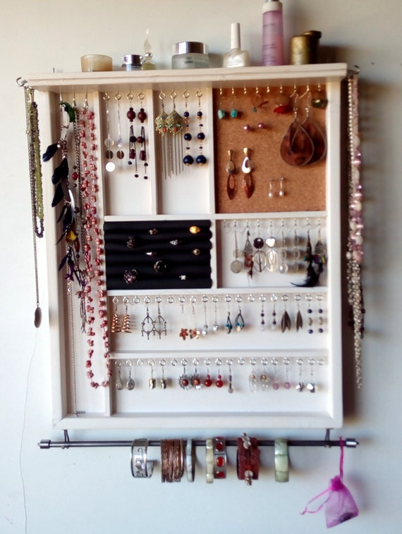 Large White Vertical Jewelry Storage.wooden Wall Mount Case. Jewelry  Display. Jewelry Organizer. Earrings Display. 