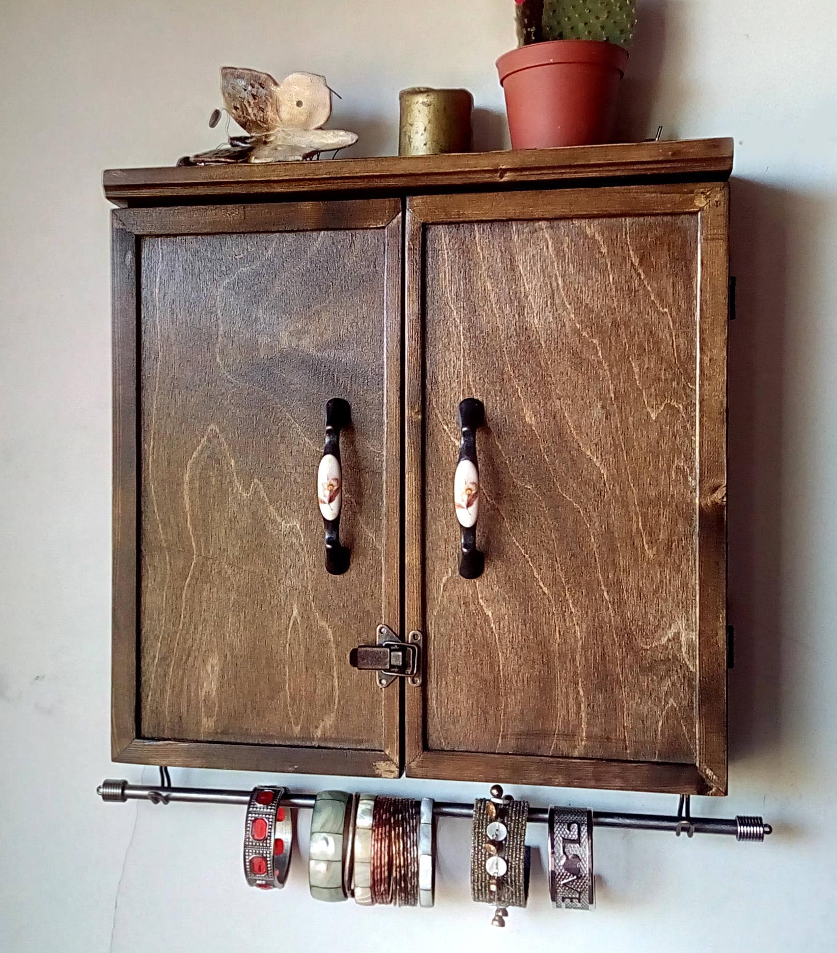 Jewelry Cabinet. Dark WALNUT Jewelry Storage. Wall Mounted Earring  Organizer. Jewelry Armoire 