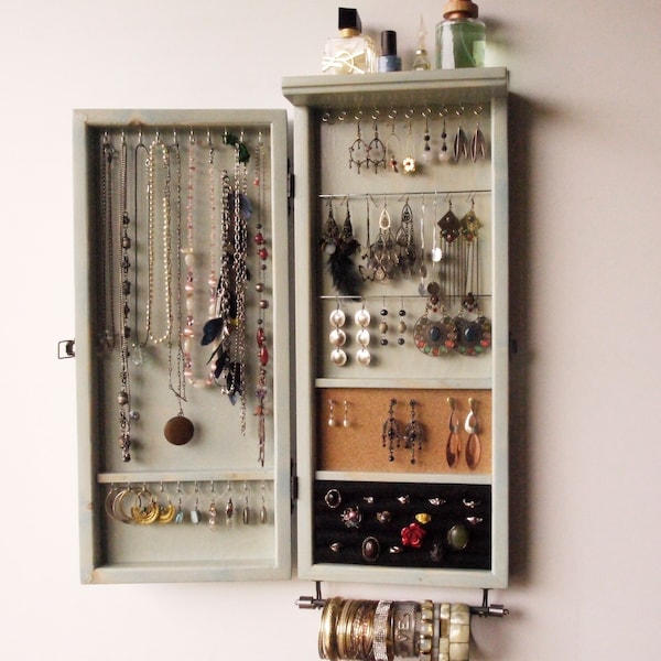 Jewelry cabinet/ Armoire / Earring display/ AQUA stain jewelry storage/Wooden wall mounted earring organizer. earrings storage. jewelry case