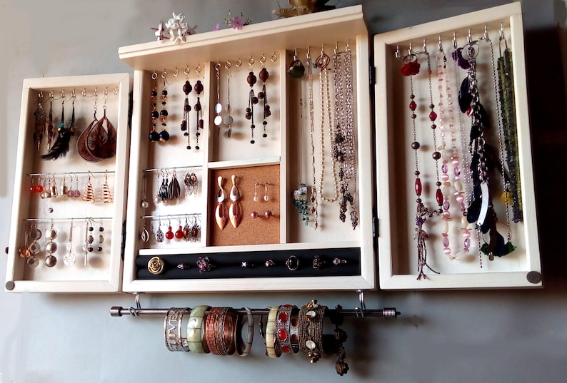 Jewelry cabinet. WHITE jewelry storage/wooden wall mounted earring organizer/earrings storage/Armoire bijoux/ jewelry display/jewellery case image 5