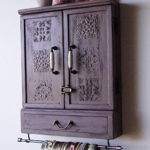 Jewelry cabinet/jewels holder with drawer/light MAUVE DISTRESSED/Armoire/jewelry storage/Wooden/wall mounted earrings storage/Jewelry drawer