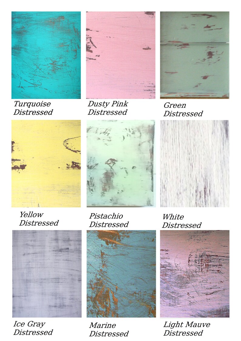 May include: Nine different color samples of distressed wood paint. The colors are turquoise, dusty pink, green, yellow, pistachio, white, ice gray, marine, and light mauve.
